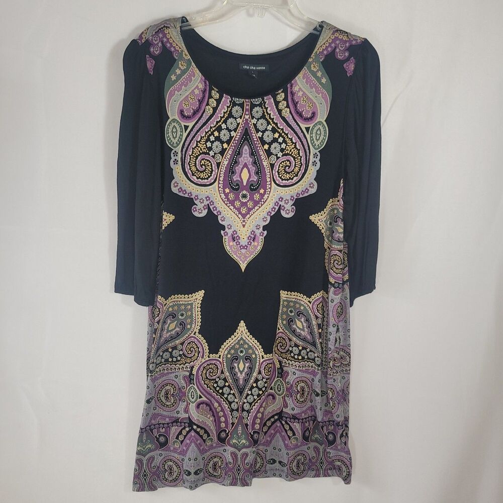 Cha Cha Vente Womens L Black Purple Paisley Mandala Shift Tunic Dress 3/4 Sleeve